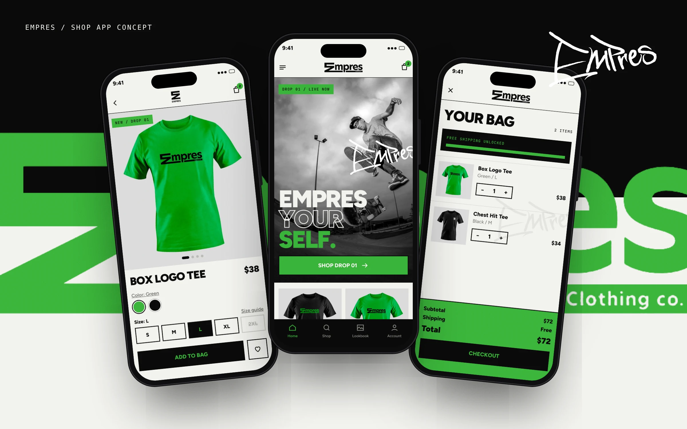 Three phones showing the Empres shop app: product page for the green Box Logo Tee, the home screen, and the bag with checkout