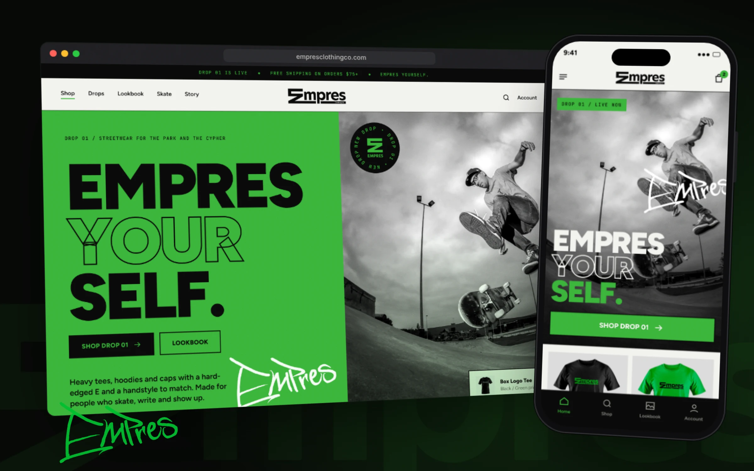 Empres storefront homepage concept in a browser window with the matching mobile home screen beside it: green panel with EMPRES YOURSELF. headline next to a black and white fisheye skate photo