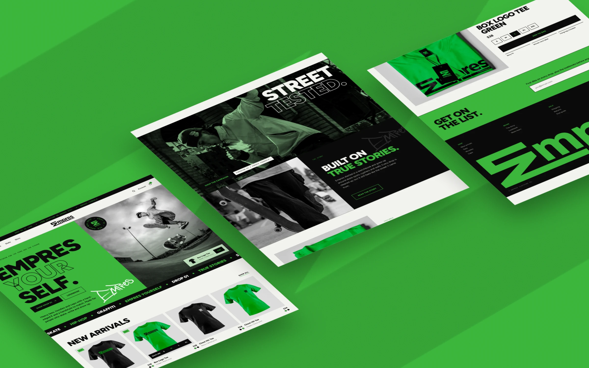 The full Empres homepage laid out in three angled strips on green: hero, new arrivals, Street Tested campaign banner, story, featured tee, newsletter and footer