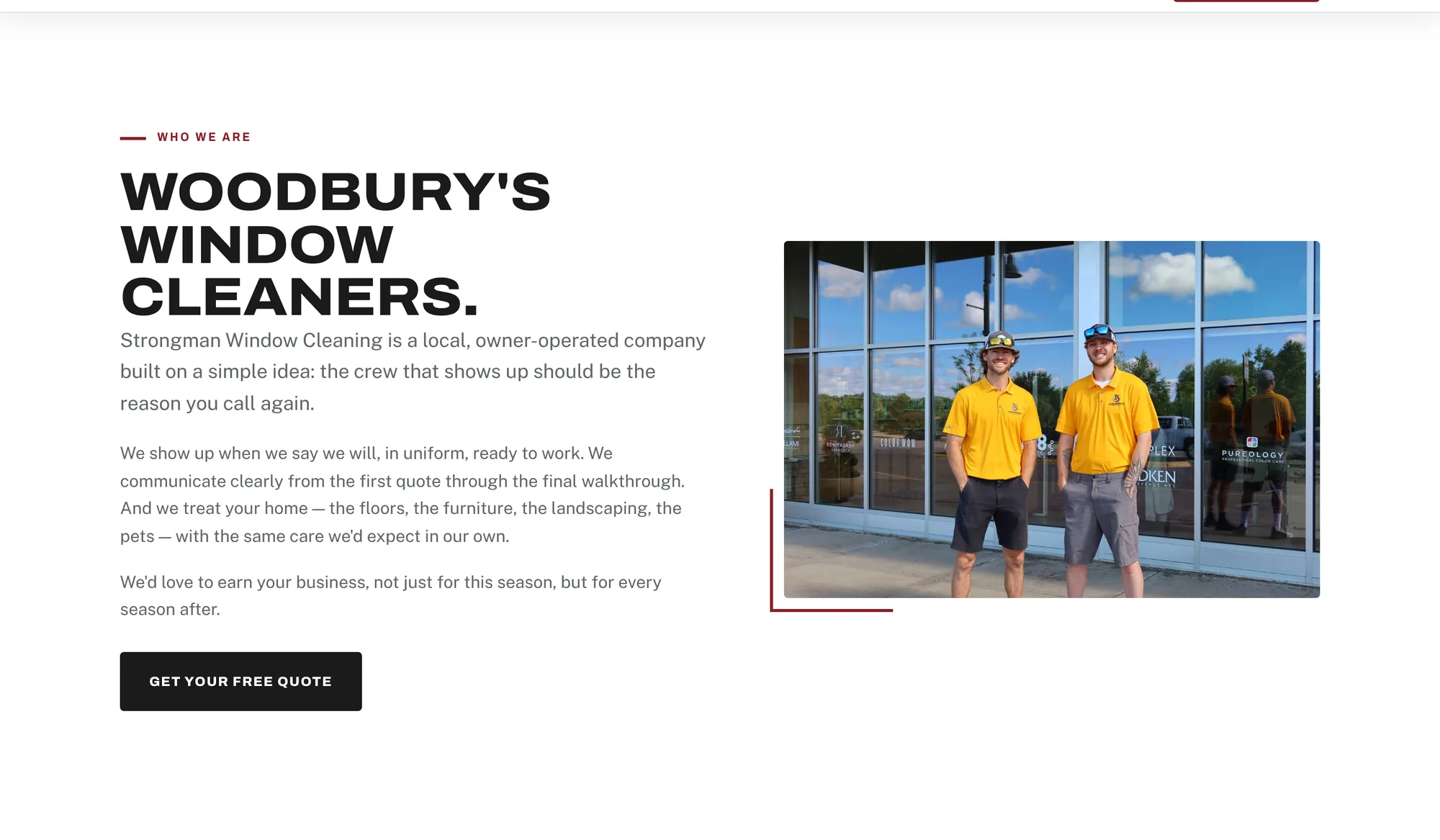 'Woodbury's window cleaners' about section with a photo of the two-person crew in yellow shirts