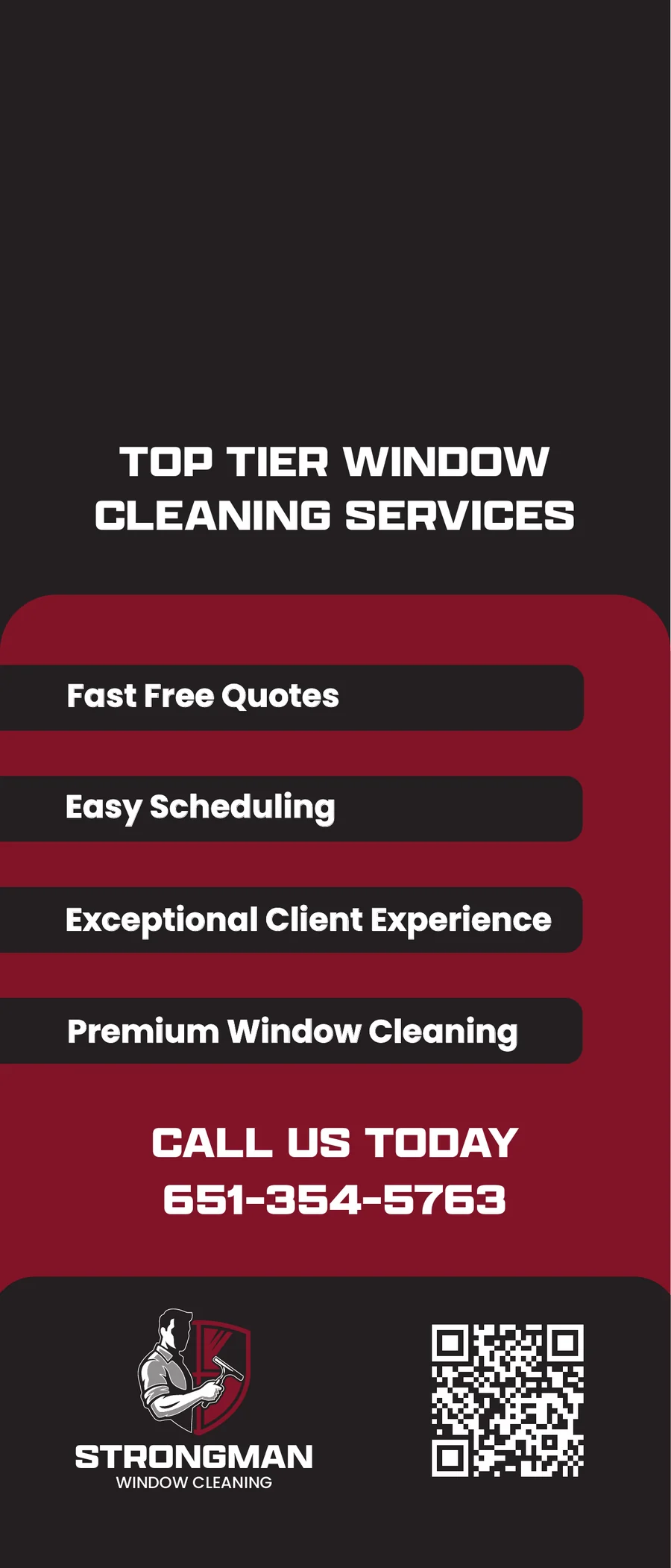 Door hanger back: 'Top tier window cleaning services', fast free quotes, easy scheduling, exceptional client experience, premium window cleaning, call 651-354-5763 and a QR code