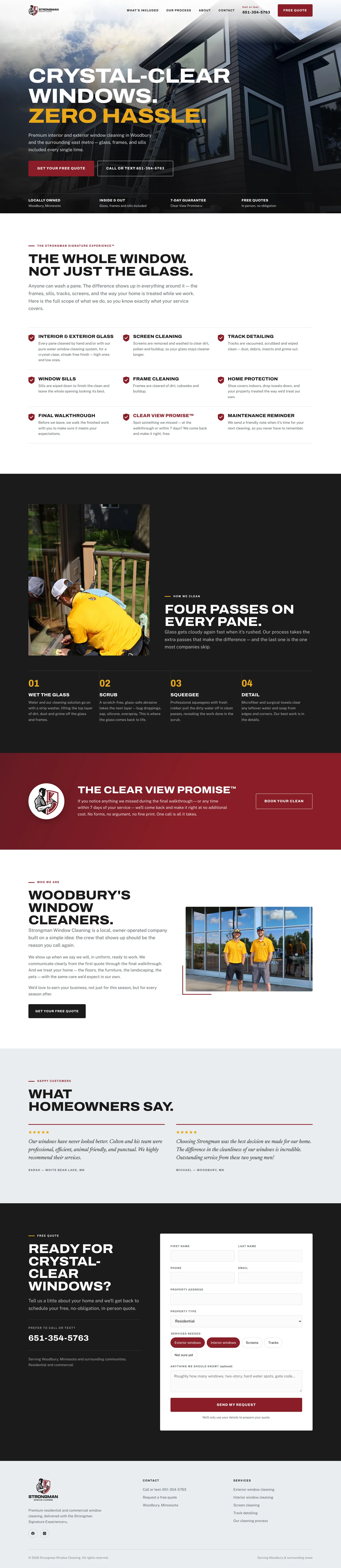 Full-length Strongman homepage: hero, included services, four-step cleaning process, Clear View Promise, about the crew, reviews and the quote form