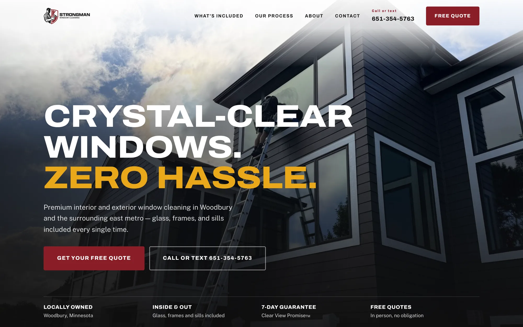 Strongman homepage hero: 'Crystal-clear windows. Zero hassle.' over a photo of a crew member on a ladder cleaning second-story windows