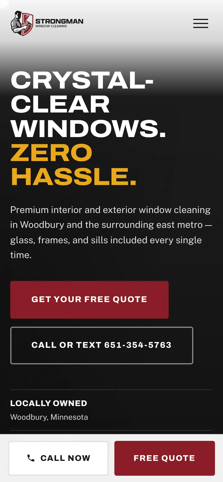 Strongman homepage on a phone: stacked headline, quote buttons and the sticky call bar