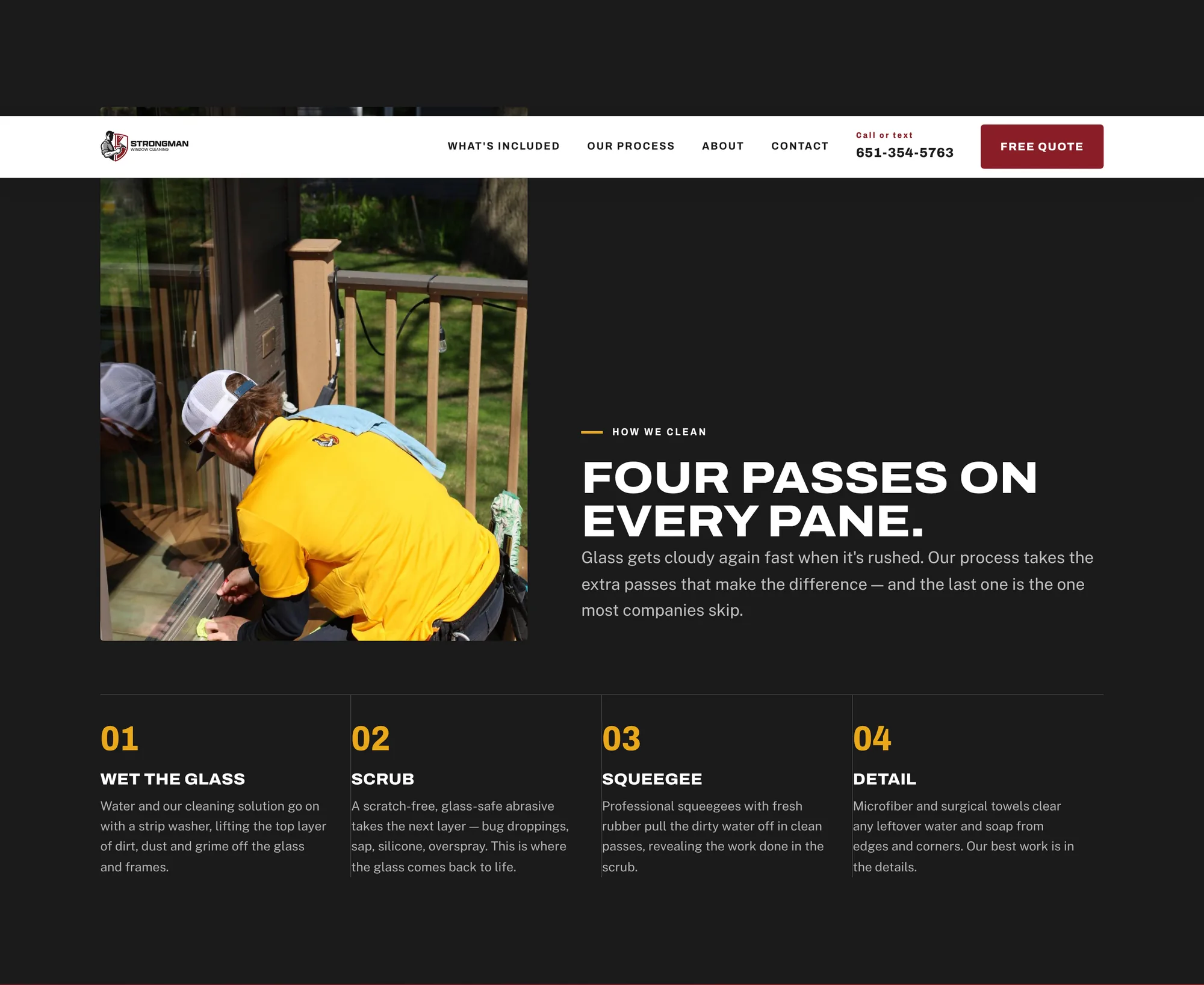 Dark 'Four passes on every pane' section with a crew photo and four numbered steps: wet the glass, scrub, squeegee, detail