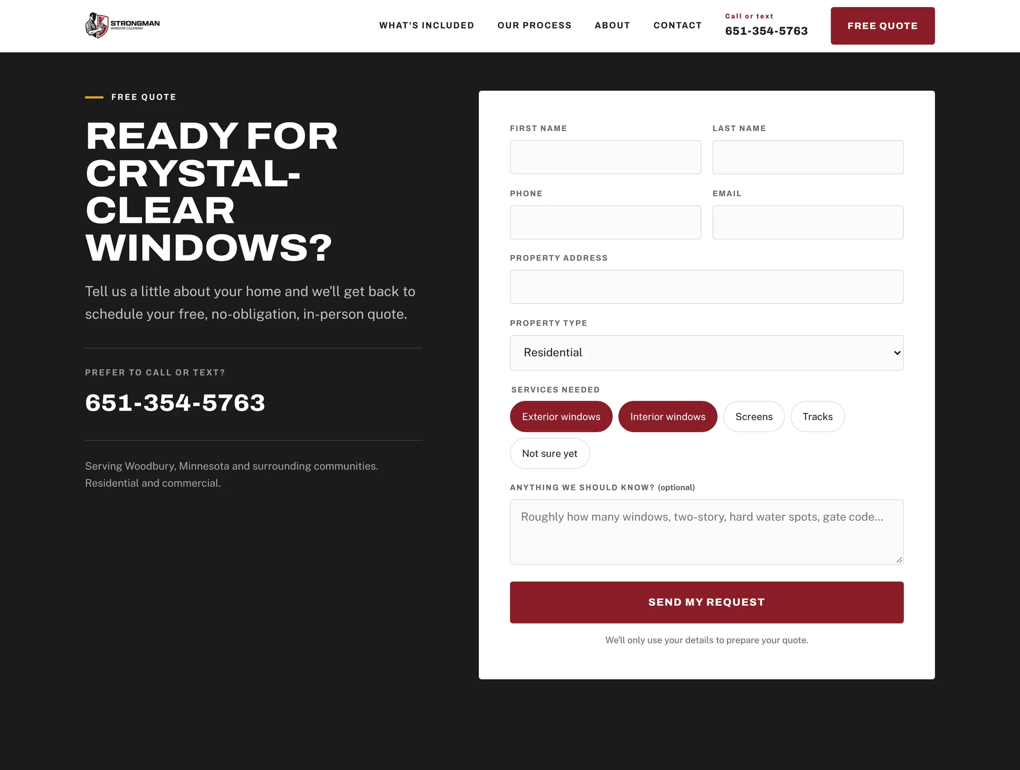 Quote section: 'Ready for crystal-clear windows?' with phone number and a form with property type and service chips