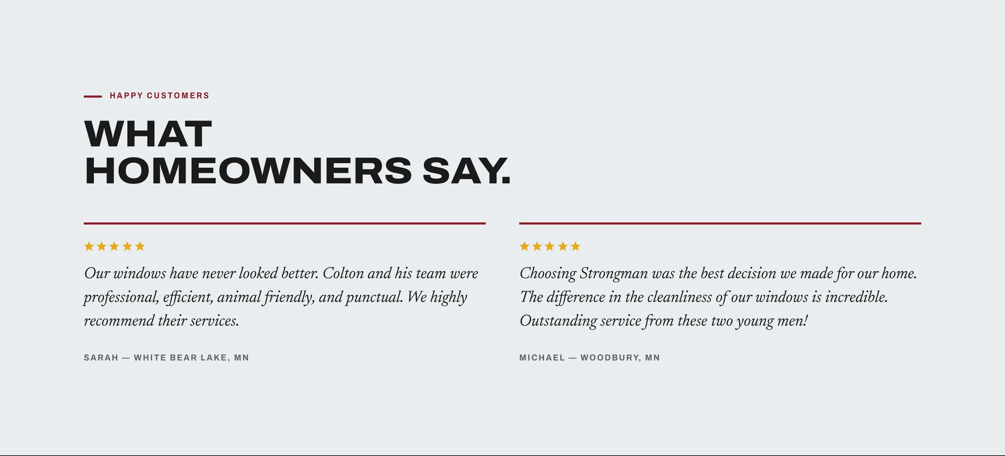 'What homeowners say' section with two five-star reviews